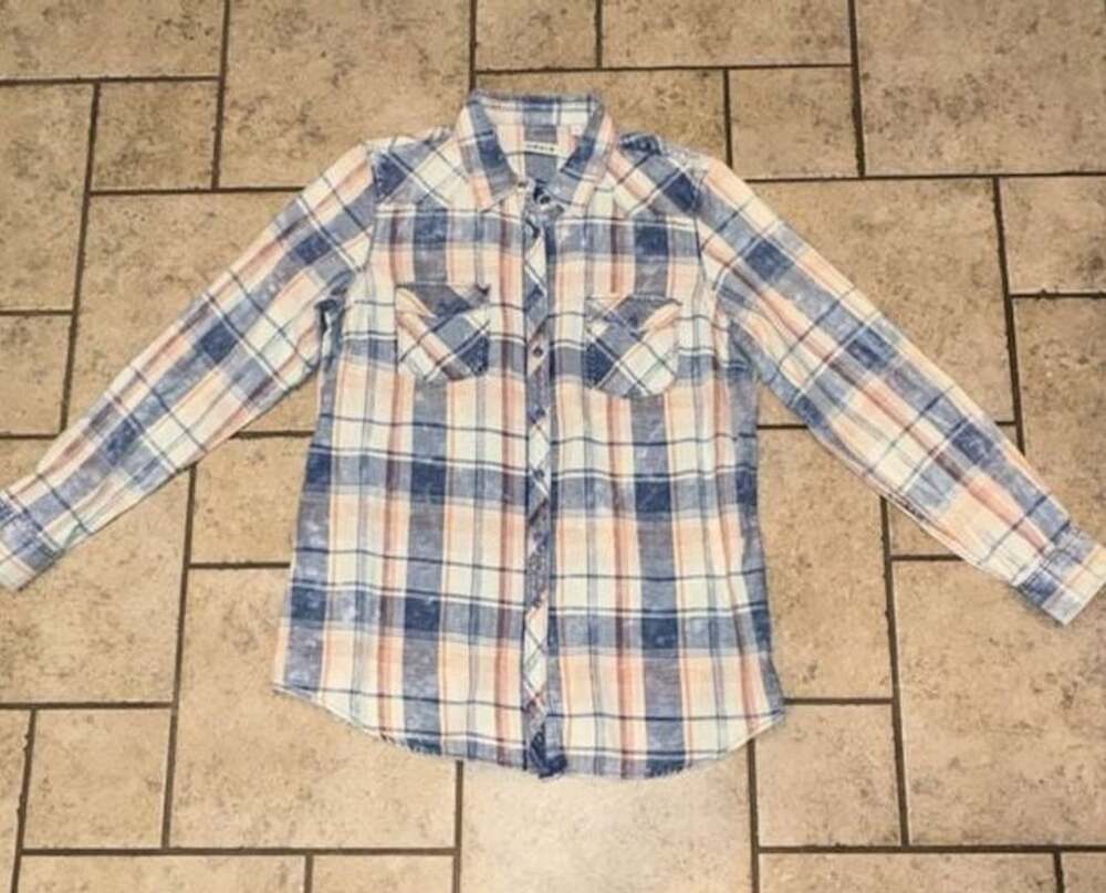 Orvis Plaid Long Sleeve Button Down Shirt Size L Blue White Orange
